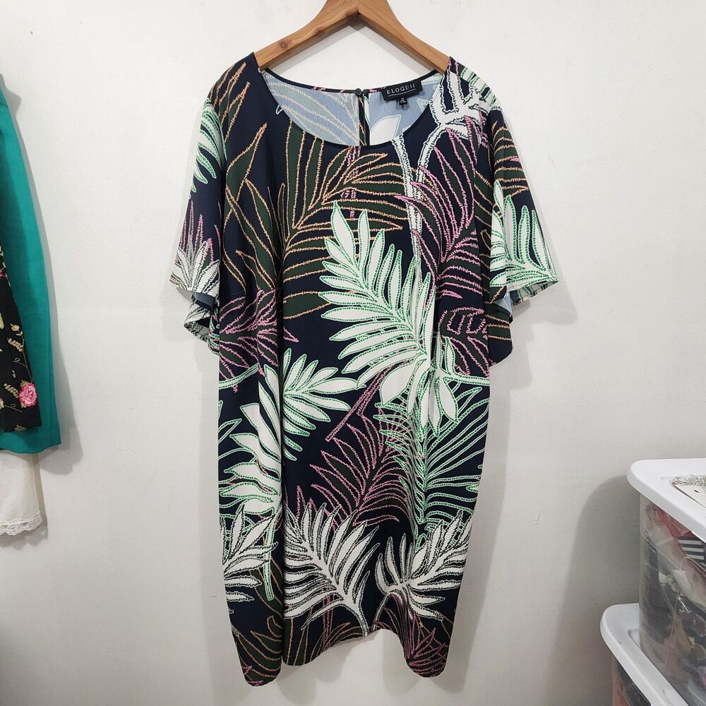 Eloquii Flowy Shift Palm Tree Dress Floral Print Lightweight Unlined Plus 28